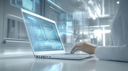 Woman coding on laptop, futuristic interface.