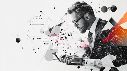 Businessman Working on Laptop with Abstract Technology Overlay