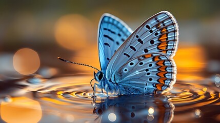 Wall Mural - Blue butterfly drinking water, sunset bokeh background.