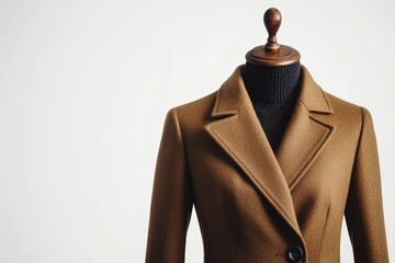 classic brown wool coat displayed on mannequin isolated on white background