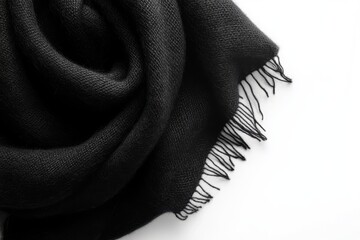 Wall Mural - Warm black winter scarf with fringe design isolated on white background