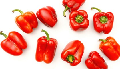 Eight vibrant red bell peppers arranged on white background. Close up view shows different angles, perspectives of whole peppers. Fresh organic vegetables ready for use in cooking salads. Ideal for
