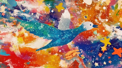Wall Mural - colorful abstract painting of a bird flying through a vibrant cosmos.