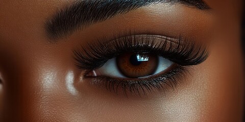 Close-up of a woman's eye highlighting rich brown iris and long eyelashes, showcasing beauty and attention to detail in natural light