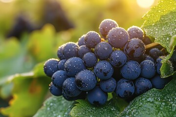 Wall Mural - Freshly harvested grapes glistening with water droplets on green leaves