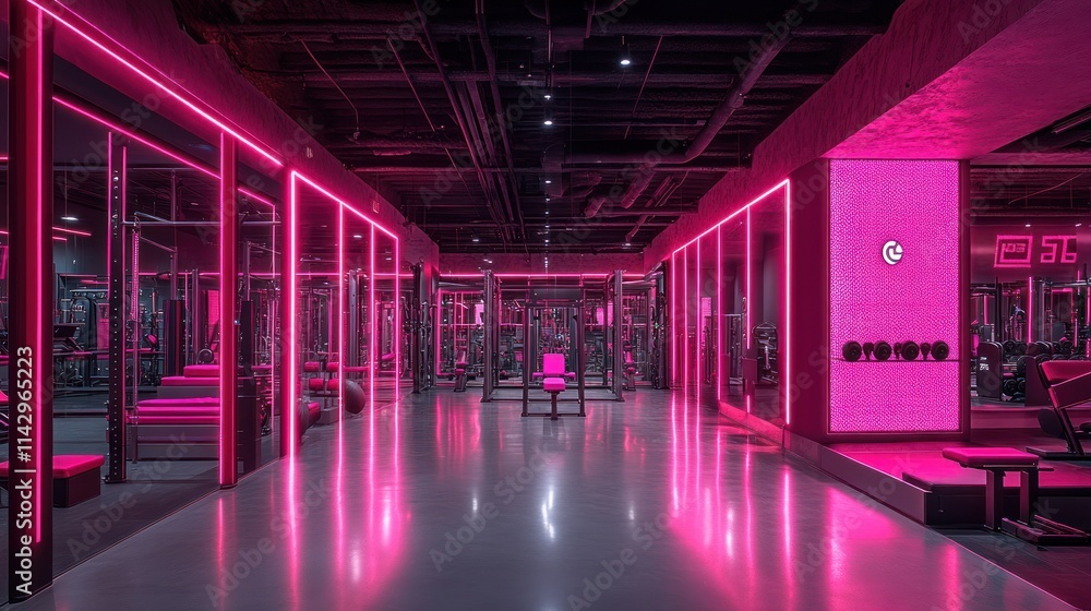 Sleek pink gym interior with modern fitness equipment and neon lighting ...
