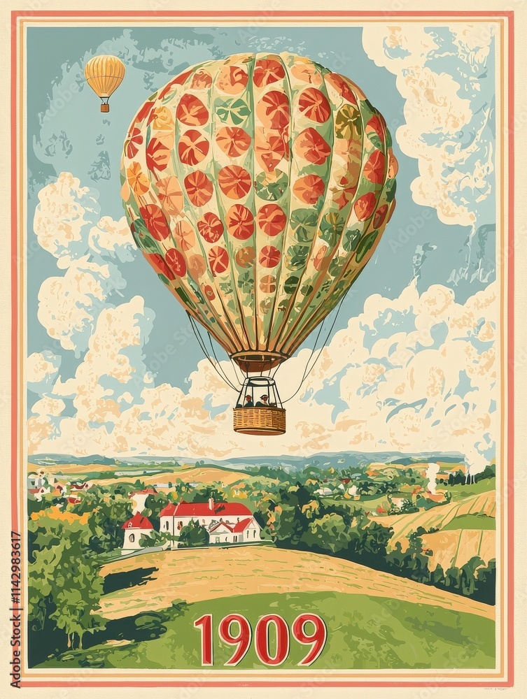 Hot air balloons float above a lush green landscape dotted with farmhouses under a bright blue sky. The scene captures a nostalgic moment from 1909, evoking a sense of adventure.