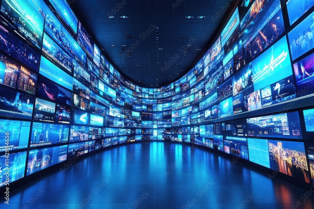 A curved wall filled with large, vibrant screens showcasing a variety of digital content. The modern space features ambient blue lighting, creating a high-tech atmosphere.