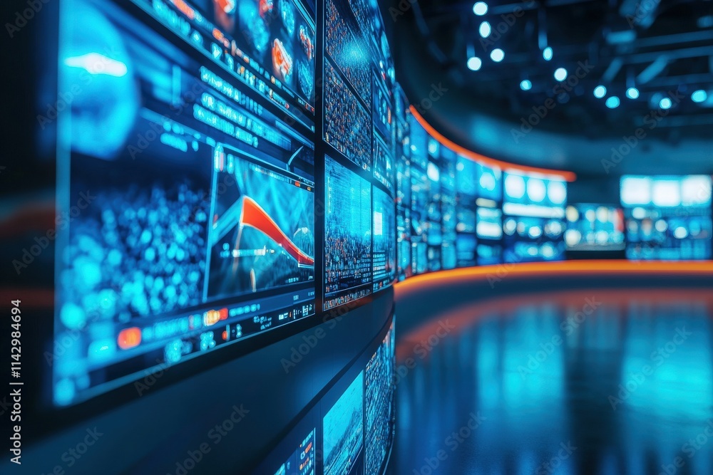 A modern media control room features an array of high-resolution screens displaying digital data and graphics.