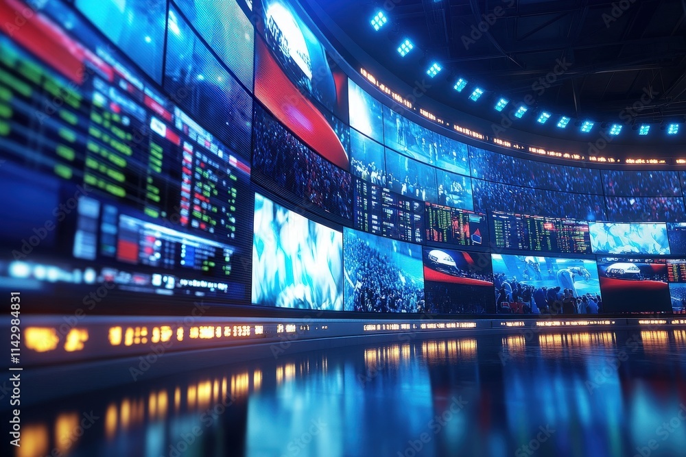 A high-tech control room is filled with large screen displays showing financial data, stock prices, and live audience feeds.