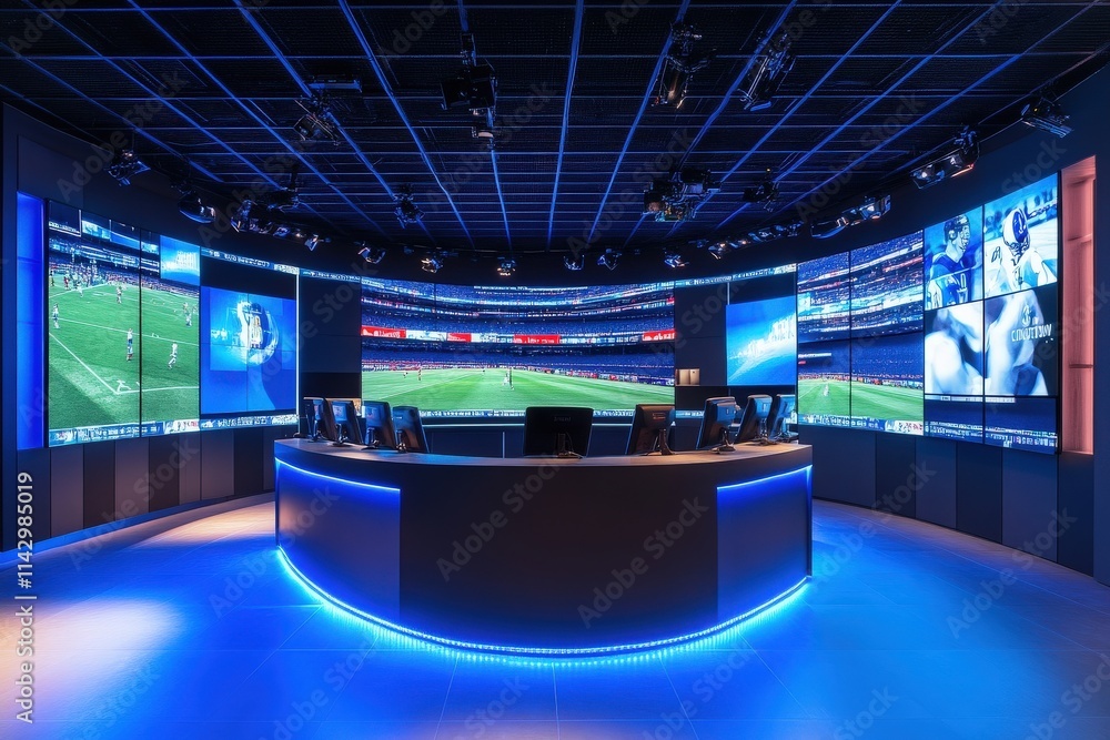 In a sleek, high-tech space, several large screens display real-time sports events.