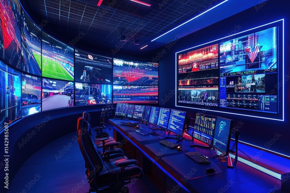 A modern control room showcases an array of screens displaying live events and data. The sleek design with vibrant blue lighting enhances the technological atmosphere.