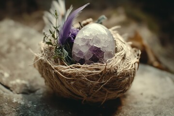 An intricately designed nest cradles a sparkling amethyst egg, nestled among feathers and foliage, symbolizing nature's beauty and mystical allure.