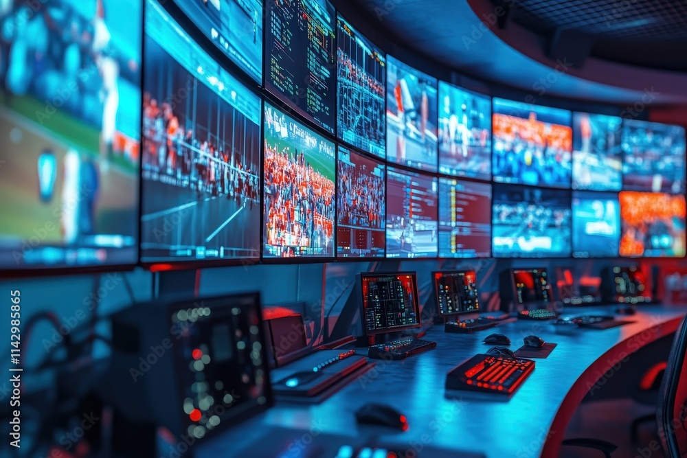 A modern control room equipped with numerous high-resolution screens showing various live sports events and data. Analysts monitor the action while using advanced technology and equipment.