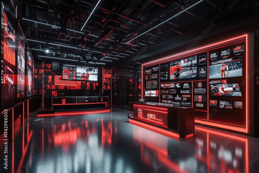 The interior of a contemporary broadcast studio features bright red lighting and multiple screens displaying sports content. It is designed for dynamic interaction and coverage of events.