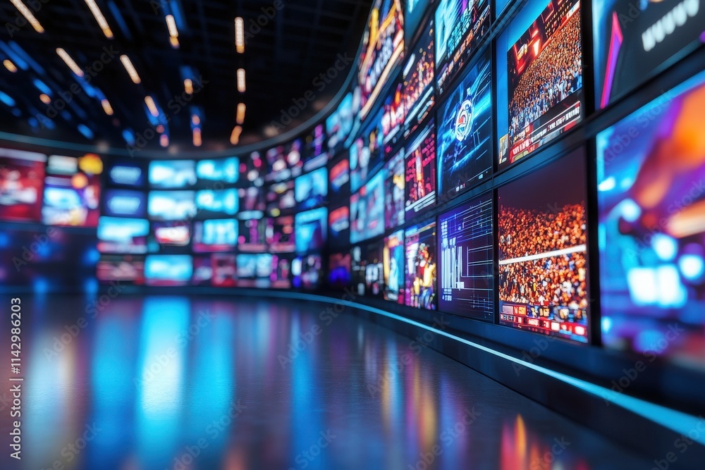 A high-tech media center filled with a curved wall of screens showcasing diverse broadcasts in bright colors. The setting is dynamic, illuminated by ambient lighting reflecting off the floor.