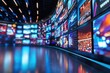 © AiHRG Design - A high-tech media center filled with a curved wall of screens showcasing diverse broadcasts in bright colors. The setting is dynamic, illuminated by ambient lighting reflecting off the floor.