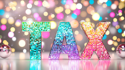 Leinwandbilder - Colorful letters spell out tax surrounded by vibrant bokeh lights during a festive celebration
