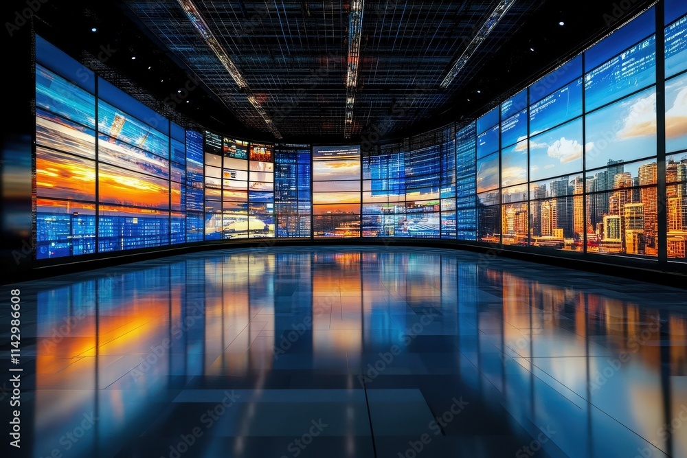 This space features multiple large screens arranged in a semi-circle, displaying vibrant cityscapes and dynamic data visualizations.