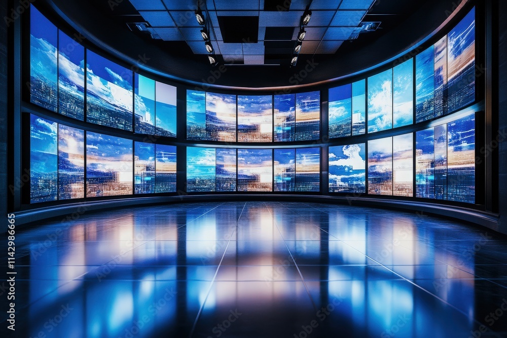The room features multiple large screens displaying stunning views of a city skyline under a dramatic sky. Bright reflections bounce off the sleek floor, creating an immersive atmosphere.