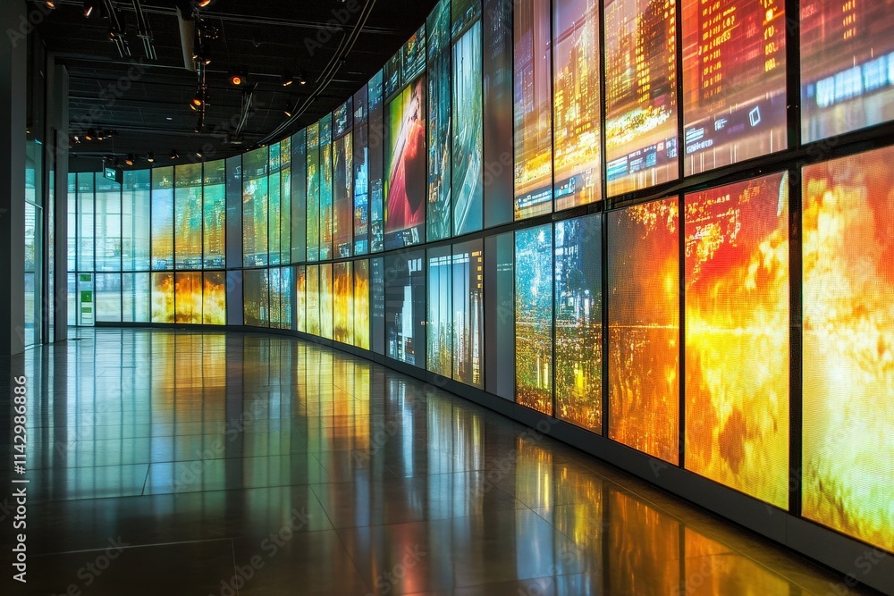A long, curved wall filled with large screens displays a variety of colorful digital art. The vibrant visuals transform the gallery space, creating an immersive experience for visitors.