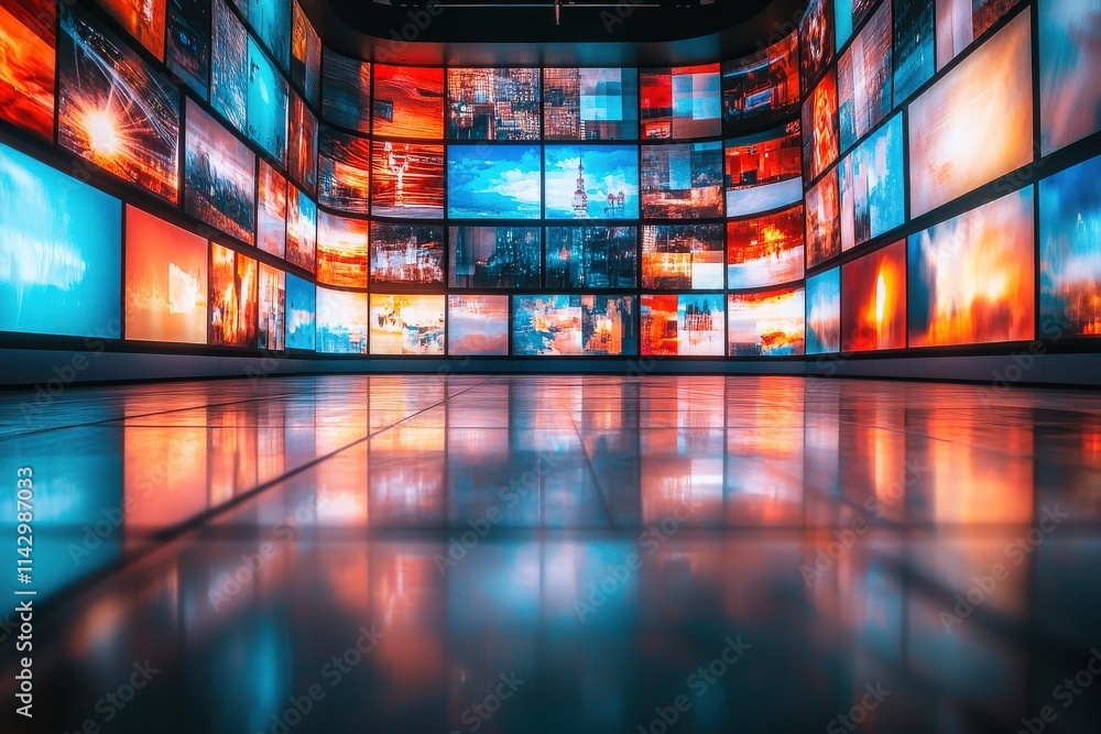A contemporary gallery features a stunning display of vibrant cityscapes on numerous screens, illuminating the walls with bright colors and reflections on the polished floor.