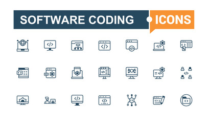 Wall Mural - software coding icon set. featuring binary, programming, java, computer, application, algorithm, wor