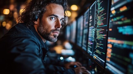 Person coding on multiple screens, bathed in the soft glow of dim lighting in a modern workspace