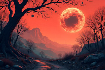 Wall Mural - dreamy and otherworldly atmosphere created by surreal illustration with bare tree branches and dark 