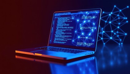 Futuristic laptop screen displays complex code. Geometric blue design, glowing network background. Illustrates software development, digital coding. Modern tech concept. Abstract illustration. Shows