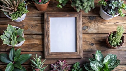 Sticker - Rustic Wooden Frame Mockup Surrounded by Various Indoor Plants on a Wooden Table. Generative AI