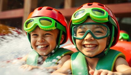 Two children in green helmets and goggles enjoy water ride. Their faces show great excitement and joy. They are having fun time at amusement park on sunny summer day. They look happy and carefree.