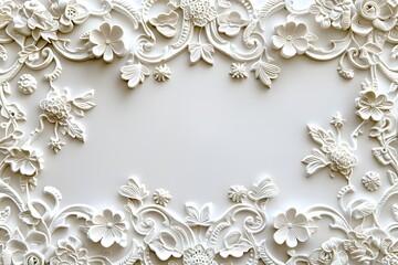 Wall Mural - Intricate white floral ornamental frame on a plain light background, Elegant decorative design concept