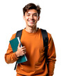 © PNG Hub - Young man smiling, orange sweater, teal folder, black backpack, student, university, cheerful expression, casual style, white background, studio lighting, portrait, positive attitude, confidence