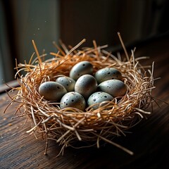 illustration of a nest close-up. The nest contains eight smooth gray eggs with black spots. The background is slightly blurred