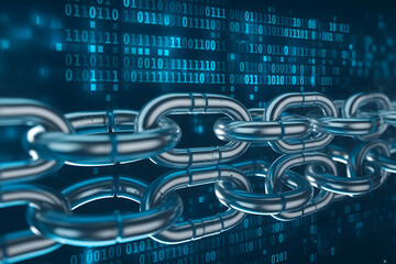 Binary code reflected in metallic chain links, digital and solid contrast