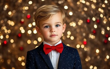 Wall Mural - A dapper young boy in a mini navy blazer with a red bow tie, set against a shimmering holiday garland background