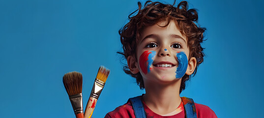 Poster - Generated cute kid holding paint brush on blue color background, generative ai