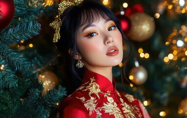 A Chinese woman in a traditional red qipao with gold embroidery, wearing soft golden eyeshadow and glossy lips, set against a vibrant Christmas tree