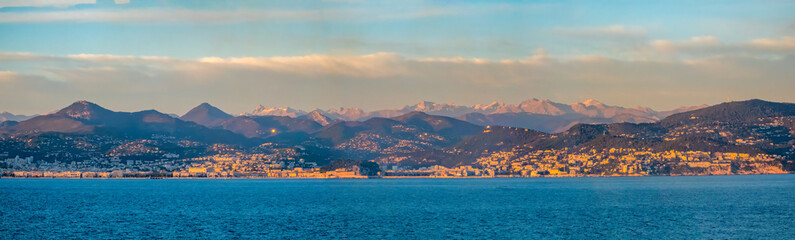 Sticker - Panoramic view of the French Riviera coastline near Nice, with the Alps nin the background, Provence-alpes-côte d'azur, France