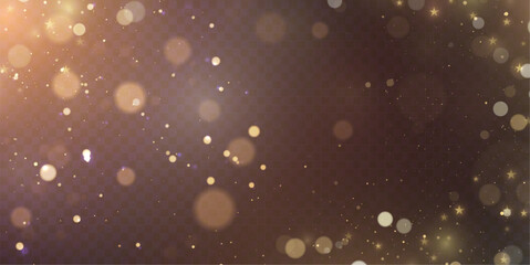 Poster - Gold dust light bokeh. Christmas glowing bokeh and glitter overlay texture for your design on a transparent background. Golden particles abstract vector background.	

