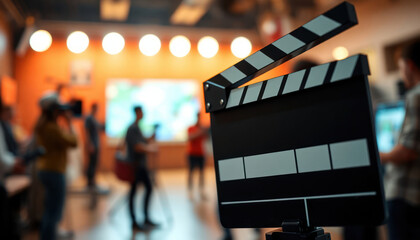 film clapperboard in movie production studio. production team working in background. movie scene set