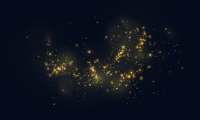 Aufkleber - Golden dust light bokeh. Christmas glowing bokeh and glitter overlay texture for your design on black background. Golden particles brightly scattered, vector background.