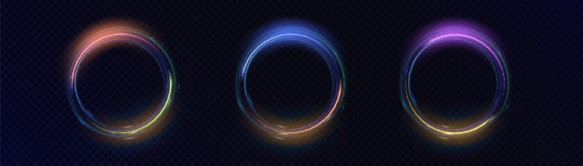 Leinwandbilder - Set of round frames with bright blue and yellow colorful glow. Round frame of light effect on transparent background. For web design and illustrations
