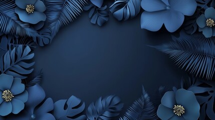 Wall Mural - a dark blue background with tropical leaves and flowers