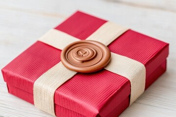 Luxury gift box in textured red wrapping with beige ribbon and brown wax seal on vintage wooden table