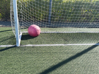 Wall Mural -  soccer ball flies into the gate on a green background. Close up.