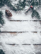 © Op Creator - Snowy Wooden Background with Pine Branches, Copy Space. Winter Scene with Snow and Wooden Backdrop for Seasonal Design. Generative AI