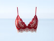 © JELENA - A red bra with lace is shown on a white background