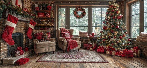 Cozy living room adorned for the holiday season with a beautifully decorated Christmas tree